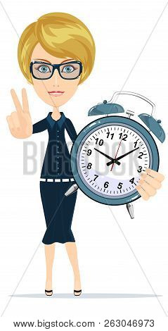 Time Management. Smiling Cartoon Businesswoman With Alarm Clocks, Symbolizing Time Management. Stock