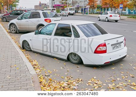 Krasnoyarsk, Russia - October 14, 2018: Lada Priora The Car After Tuning Of A Running Gear. Left Rea