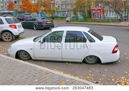 Krasnoyarsk, Russia - October 14, 2018: Lada Priora The Car After Tuning Of A Running Gear. Left Vie