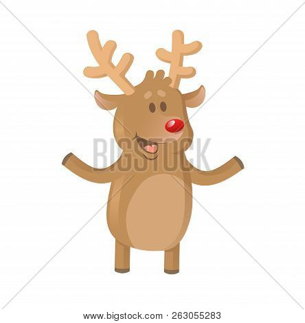 Smiling Cartoon Brown Reindeer Raising Hands. Christmas Card Element. Flat Vector Illustration. Isol