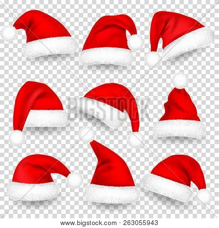 Christmas Santa Claus Hats With Fur And Shadow Set. New Year Red Hat Isolated On Transparent Backgro