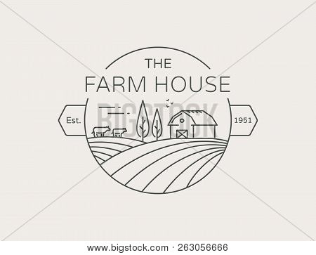 Farm House Outline Logo Isolated On White Background. Vector Line Emblem With Farmhouse, Cows And Fi