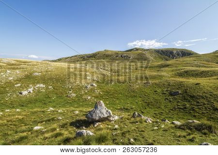 Beautiful Landscape In Montenegro With Fresh Grass And Beautiful Peaks. Durmitor National Park In Mo
