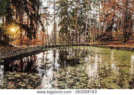 Natural Park With Lake And Trees In Topolcianky, Slovak Republic. Sunset Scene. Travel Destination. 