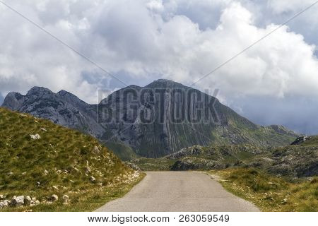Beautiful Landscape In Montenegro With Fresh Grass And Beautiful Peaks. Durmitor National Park In Mo
