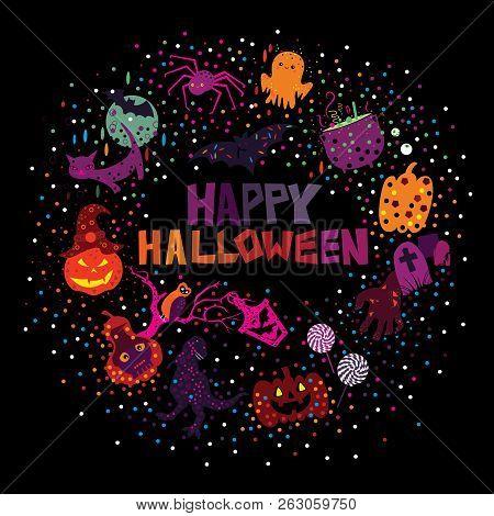 Happy Halloween Typography Amidst Abstract Haunted Design Elements In Vector Style