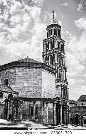 Cathedral Of Saint Domnius In Split, Croatia. Religious Architecture. Travel Destination. Black And 