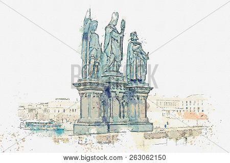 A Watercolor Sketch Or An Illustration. Sculptures Of Saints Norbert, Sigismund And Vaclav. One Of T