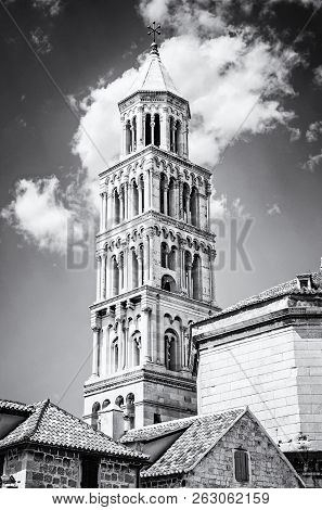 Cathedral Of Saint Domnius In Split, Croatia. Religious Architecture. Travel Destination. Black And 