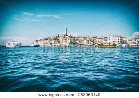 Historic Town Of Rovinj With Church Of St. Euphemia, Istria, Croatia. Sea And Town. Travel Destinati