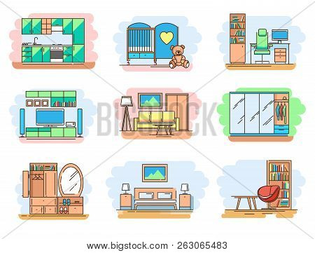 Modern Linear Pictogram Of Home Room And Types Furniture. Set Of Concept Line Icons Home Room And Ty