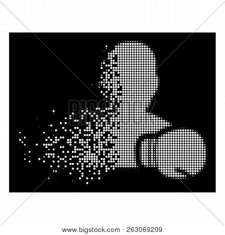 Boxing Sportsman Icon With Disappearing Effect On Black Background. White Pieces Are Composed Into V