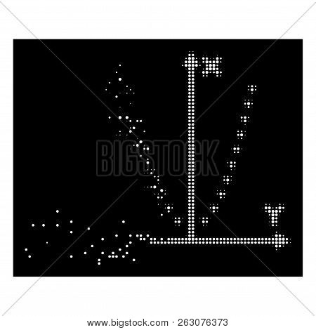Dotted Parabola Plot Icon With Disintegrated Effect On Black Background. White Sparks Are Composed I