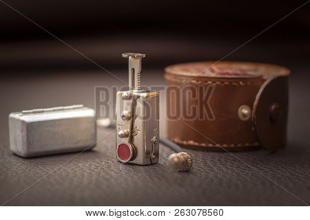 Close Up Shot Of A Antique 1940 Vintage Analog Photography Camera Self-timer, Retro Style Concept.