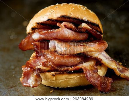 Rustic British English Bacon Butty Sandwich Breakfast