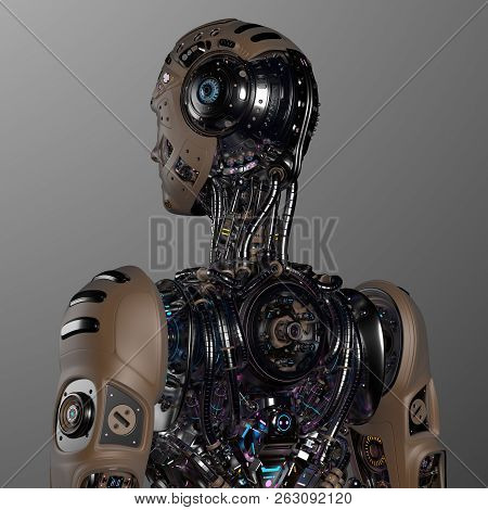 3d Render Futuristic Robot Man With Uncovered Internal Body System, Back View On Gray Background