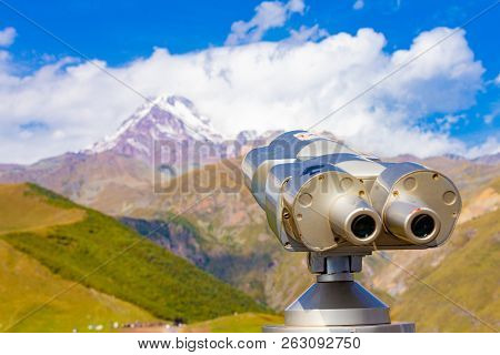 Binoscope Directed Towards The Snowy Mountain Tops Of Kazbeg From The View Point Gergeti Trinity Chu