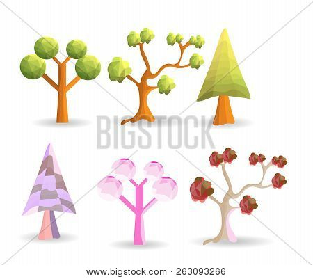 Six Tree Polygon Set Is Isolated With White Background, Geometric Form And Triangle Shape Design, Tr