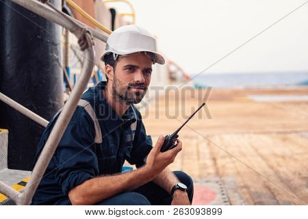 Marine Deck Officer Or Chief Mate On Deck Of Vessel Or Ship