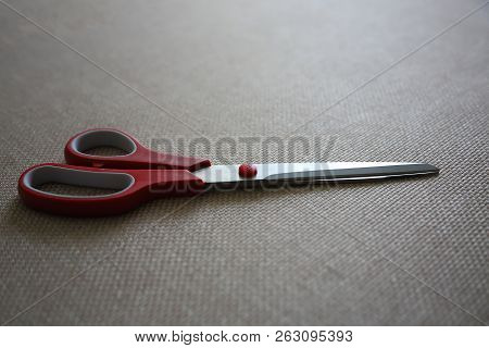 Scisors With Red Plastic Handle. Close Up