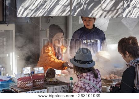 Beppu, Japan - December 29, 2009: Fast Food Street Vendor Selling Boiled Eggs Popular Fast Food In B