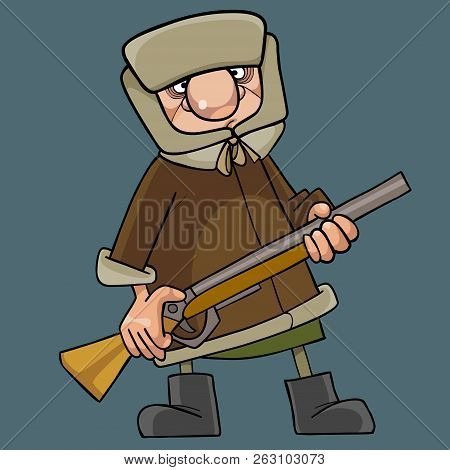 Cartoon Man In Winter Clothes Standing With Gun In His Hands