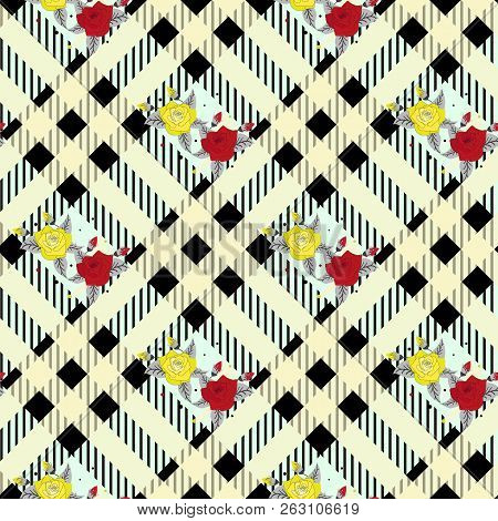 Beautiful Red And Tellow Flowers Pattern On Black And White Plaid Tartan Background