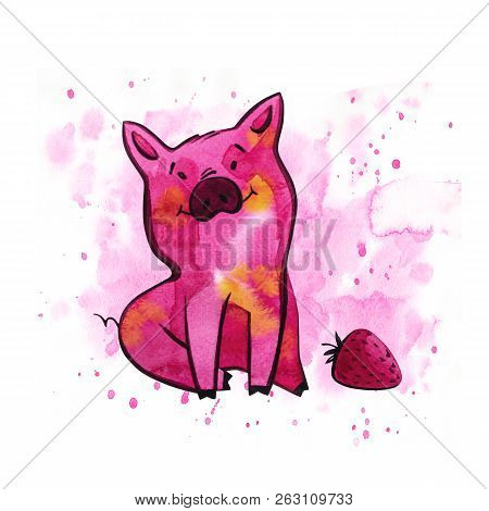 Funny Pig. Isolated On White. Cute Watercolor Illustration. Symbol Of The Year In The Chinese Calend