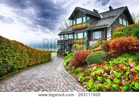Misty Morning On Altaussee Village.misty Autumn Scene In The Morning. Location: Resort Village Altau