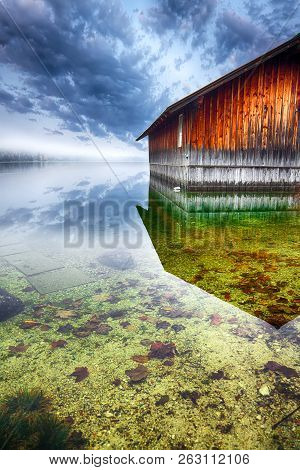Misty And Sunny Morning On Altaussee Village. Sunny Autumn Scene In The Morning. Location: Resort Vi