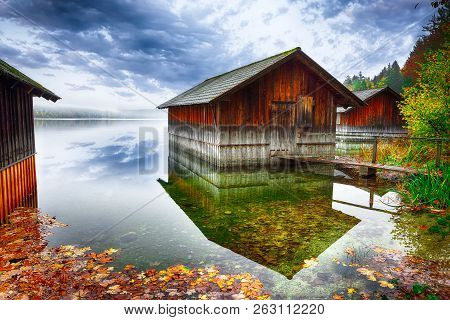 Misty And Sunny Morning On Altaussee Village. Sunny Autumn Scene In The Morning. Location: Resort Vi