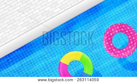 Swimming Pool Top View. Water Background. Swim Rings. Trendy. Inflatable Rubber Toy. Realistic Summe