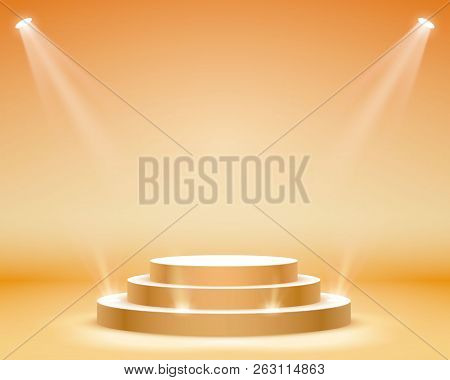 Stage Podium With Lighting, Stage Podium Scene With For Award Ceremony On Orange Background, Vector 