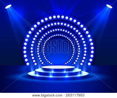 Stage Podium With Lighting, Stage Podium Scene With For Award Ceremony On Blue Background, Vector Il