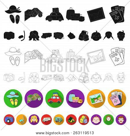 Family Holiday Flat Icons In Set Collection For Design. Recreation And Equipment. Vector Symbol Stoc