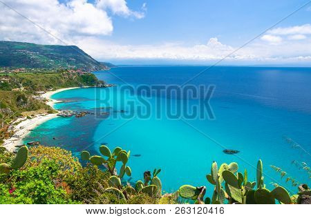 Cape Capo Vaticano Ricadi Aerial View From Cliffs Platform, Sandy Beach, Green Mountains, Sicilia Is