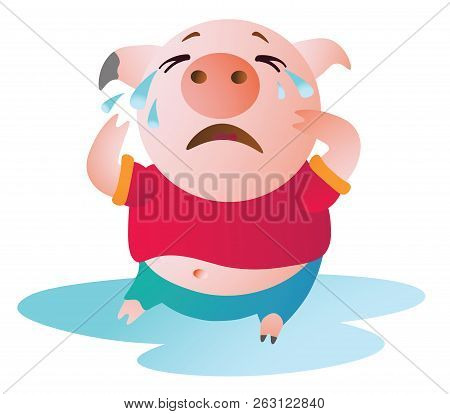 Cartoon Pig Sits In A Pool Of Tears And Cries.