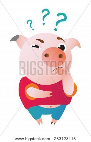 Cartoon Pig Stands And Looks At Us Questioningly.