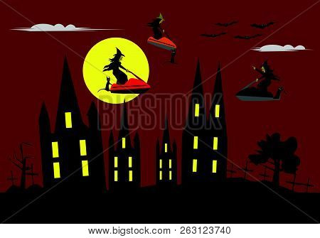 Funny Halloween, Three Witches Are Riding A Jet Ski On Red Sky. The Moon And The Castle Are The Back