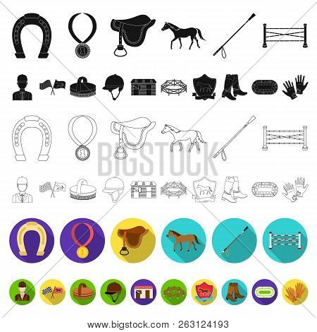 Hippodrome And Horse Flat Icons In Set Collection For Design. Horse Racing And Equipment Vector Symb