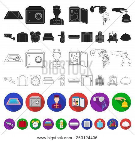 Hotel And Equipment Flat Icons In Set Collection For Design. Hotel And Comfort Vector Symbol Stock W