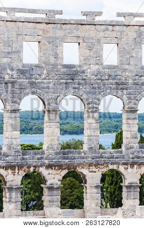 Pula, Croatia - June 18, 2014: Facade Wall Arc Columns Rows In Pula Arena. The Most Famous And Impor