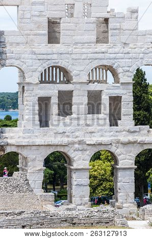 Pula, Croatia - June 18, 2014: New Reconstructed Facade Wall In Pula Arena. The Most Famous And Impo