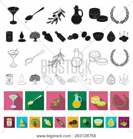 Olive, Food Flat Icons In Set Collection For Design. Olive Oil, Seasoning Vector Symbol Stock Web Il