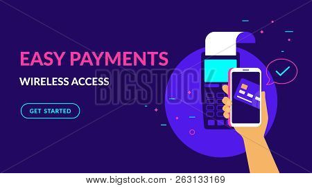 Pay By Credit Card In Your Mobile Wallet Wirelessly And Easy Flat Vector Neon Illustration For Web B