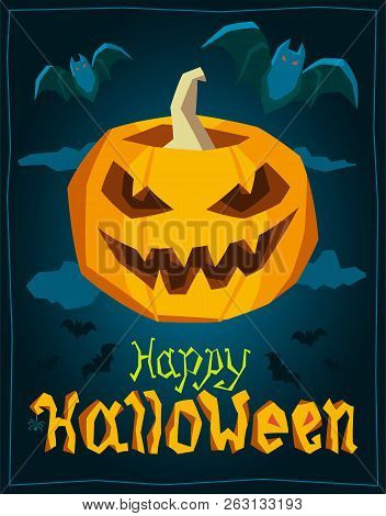 Halloween Concept. Vector Illustration Of A Festive Pumpkin On A Dark Sky Background. Clouds And Bat