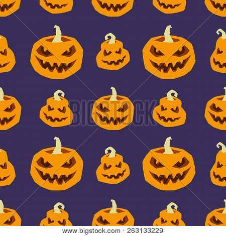 Halloween Seamless Pattern. Vector Illustration Of Orange Pumpkins On A Dark Blue Background For Tex