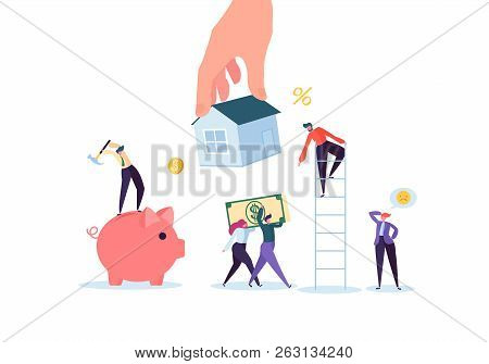 Characters Paying For Mortrage House. Real Estate Investment. Rental Or Loan Home Concept. Credit De