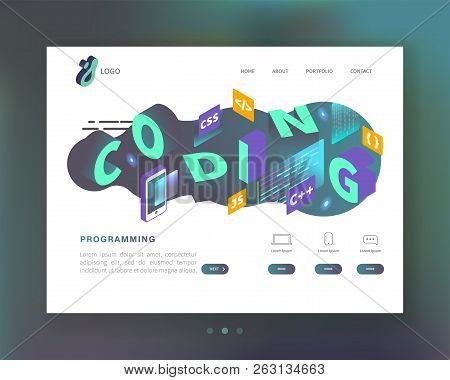 Programming, Coding Concept. Isometric Website Landing Page Template. Web Development Mobile Softwar