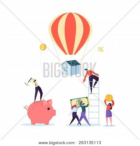 Characters Paying For Mortrage House. Real Estate Investment. Rental Or Loan Home Concept. Credit De